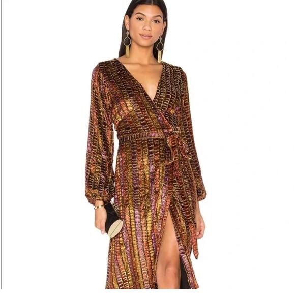 REVOLVE LPA Long Sleeve Dotty Gold Sparkling Multi Colored Wrap Dress 70 XS - Picture 6 of 11